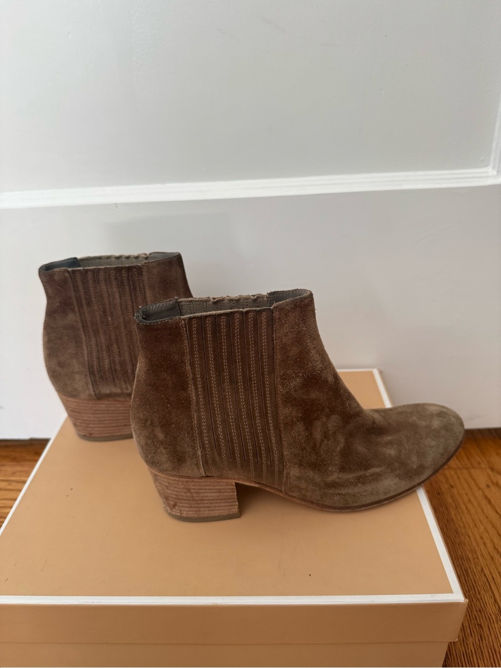 Vince Brown Suede Ankle Booties with Low Block Heel